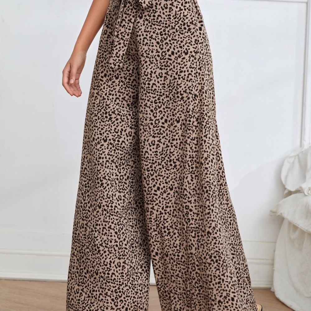 Boho Khaki tan Leopard Print Wide Leg Palazzo Pants - Picture 3 of 4
